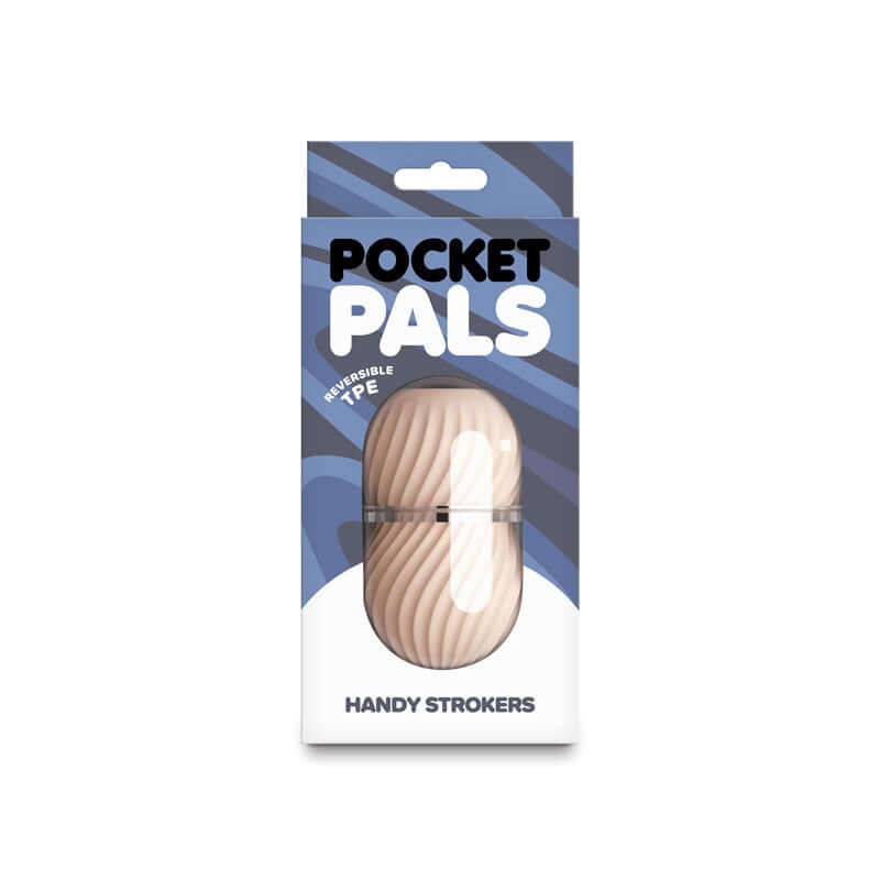 Pocket Pals Handy Strokers Misty White packaging featuring a portable, reversible TPE stroker.