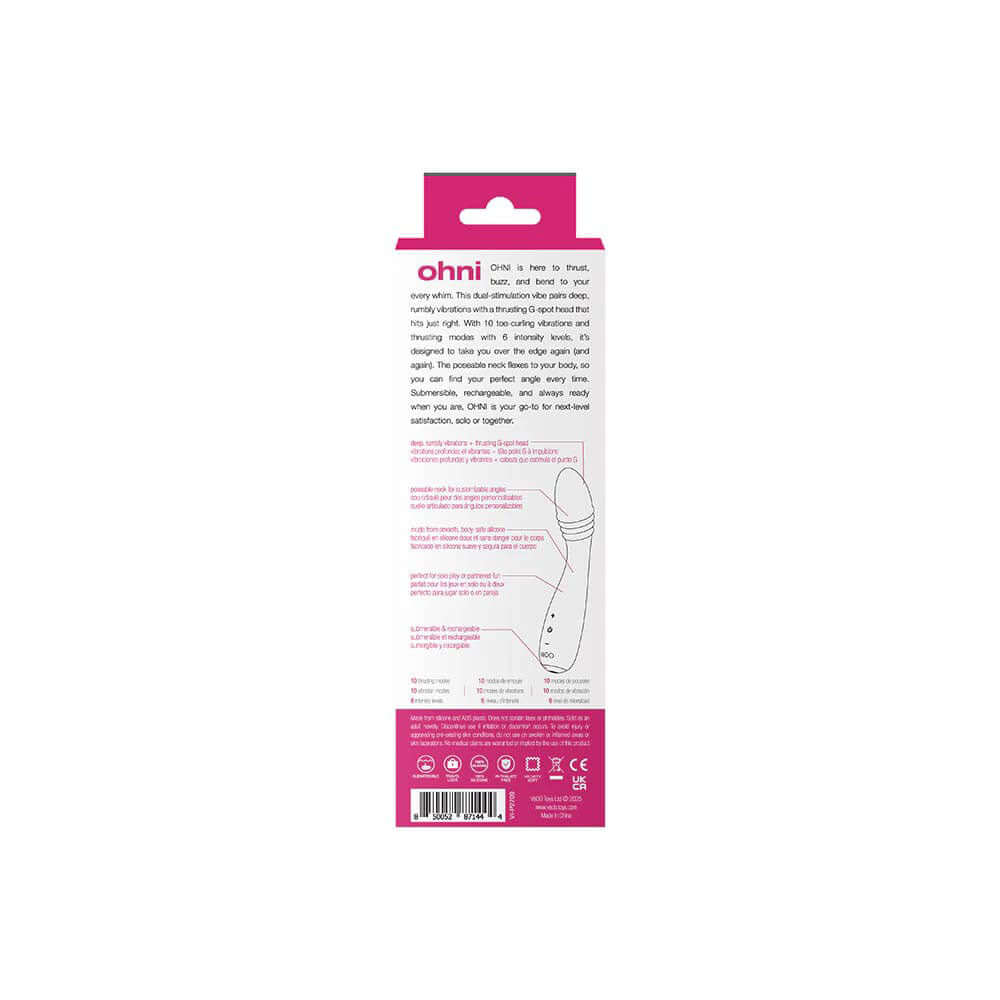 Vedo Ohni Rechargeable G-Spot Thrusting Vibe Pink product packaging with instructions and features displayed.