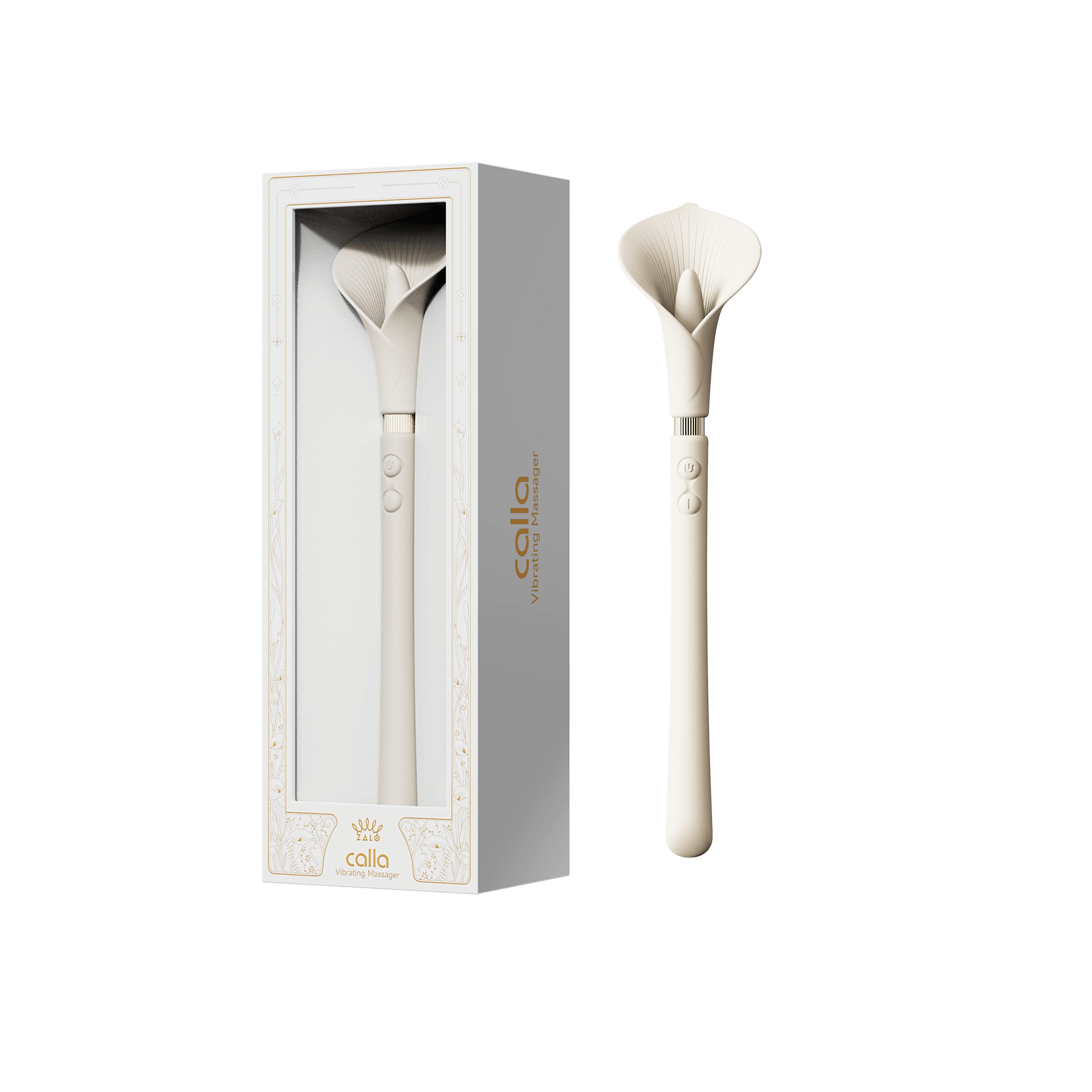 ZALO Calla Dual-Head Vibrating Wand in ivory white packaging, designed for discreet personal pleasure and relaxation.