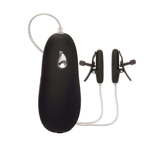 Vibrating Heated Nipple Teasers Black with wireless remote and adjustable clamps for enhanced stimulation.