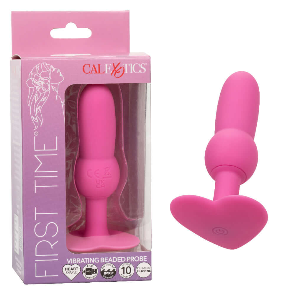 First Time Vibrating Beaded Anal Probe Pink in packaging, showcasing its ergonomic design and bright pink color.