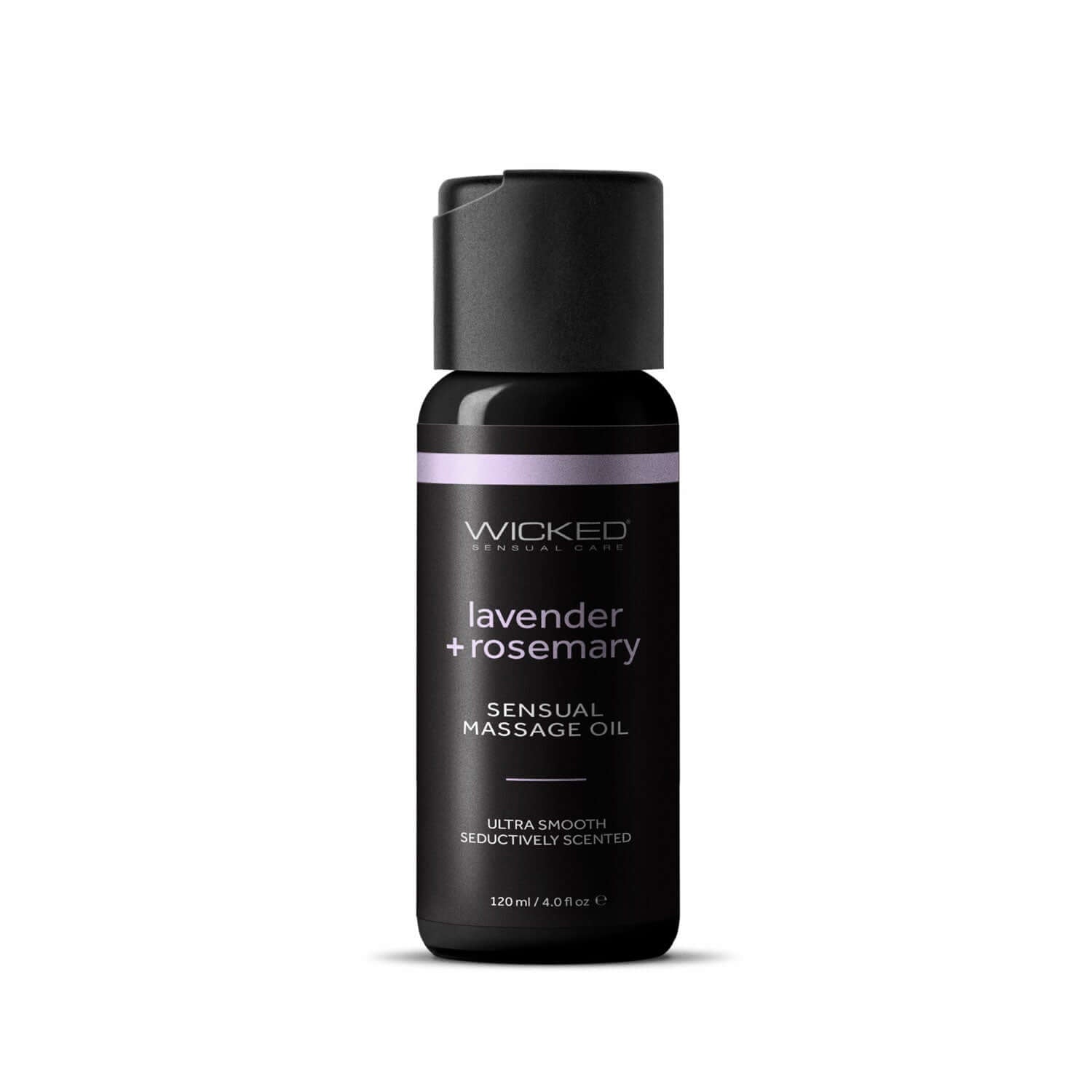 Lavender Rosemary Sensual Massage Oil 4oz bottle with Vitamin E Aloe, vegan cruelty-free formula for nourishing skin care.