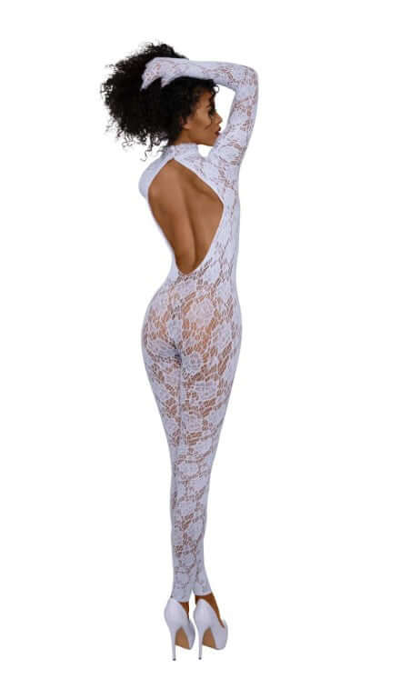 Dreamgirl Gloved Bodystocking Dmnd OS White in elegant lace design showcasing a backless style and integrated gloves.
