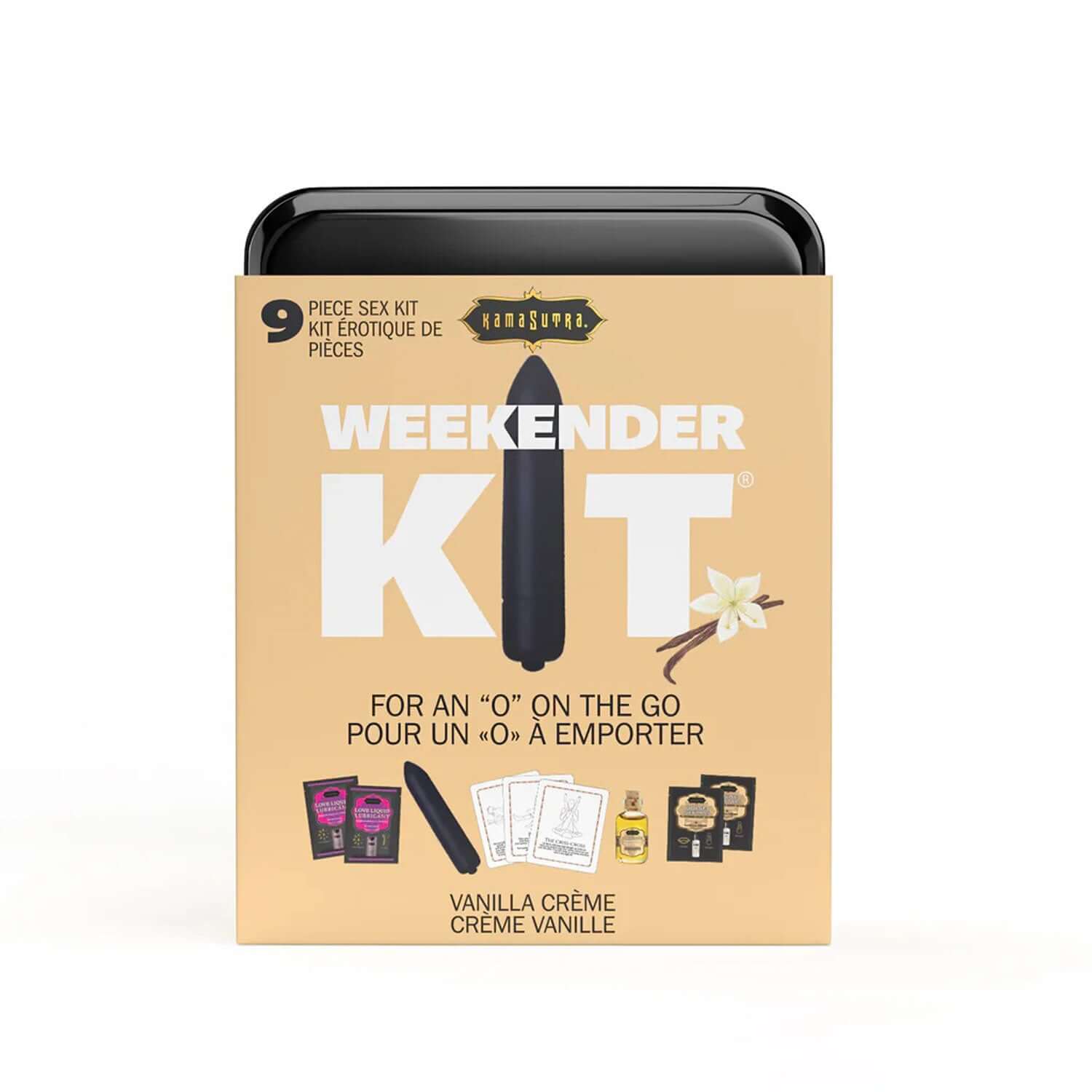 Kama Sutra Weekender Kit Vibe Vanilla packaging with mini vibe and essentials for travel, featuring 10 vibration settings.