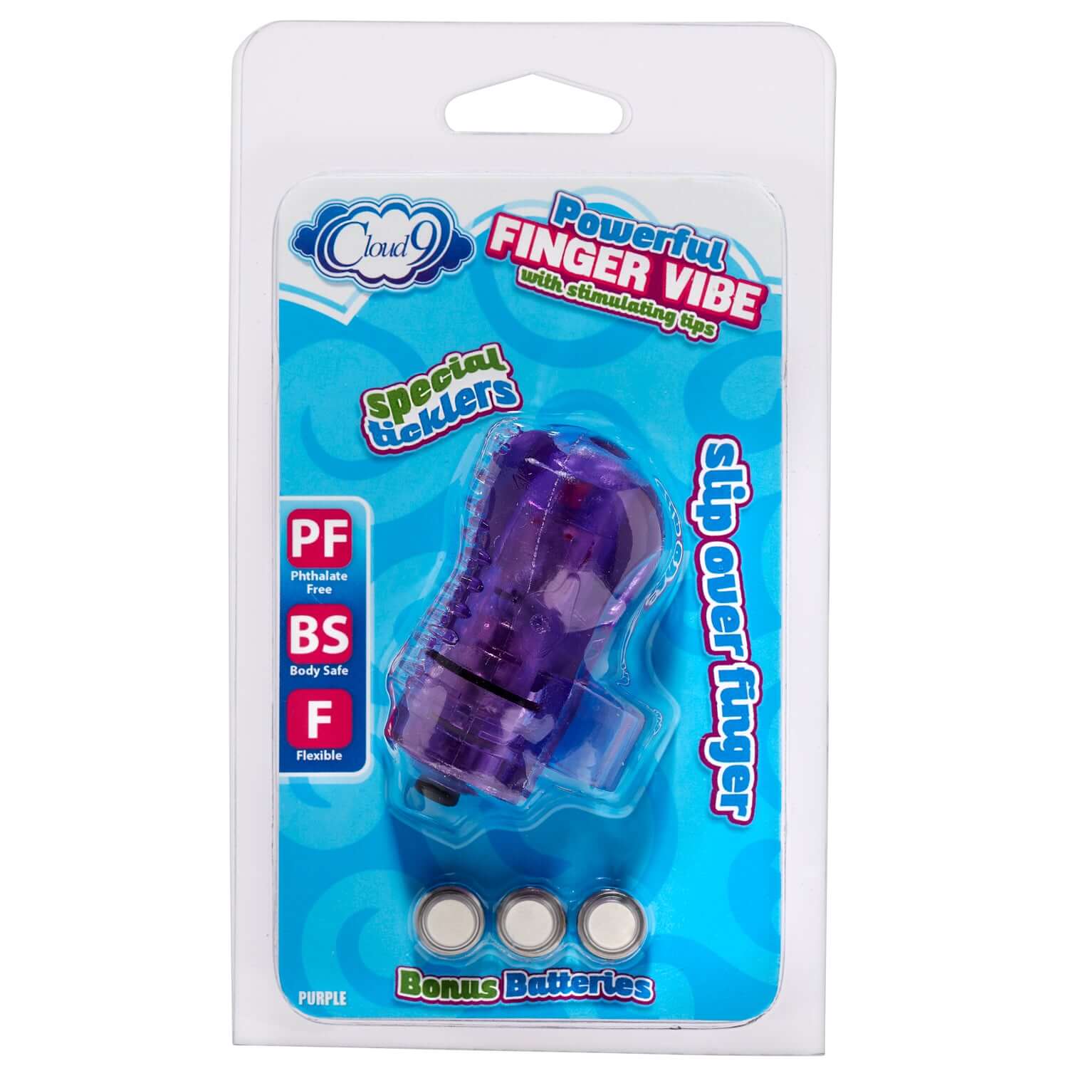 Purple Cloud 9 Finger Vibe with Stimulating Tips in Packaging, Includes Bonus Batteries