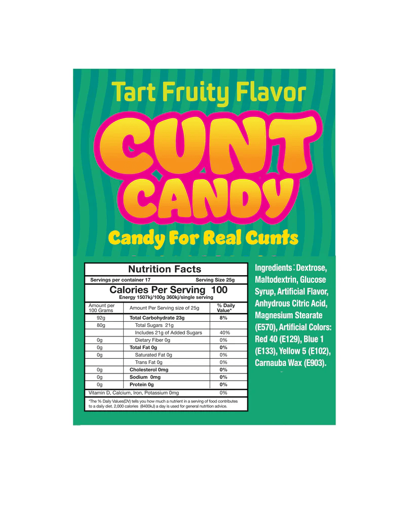 Cunt Candy 3 Oz Bag Tart Fruity with nutritional information and vibrant packaging design.