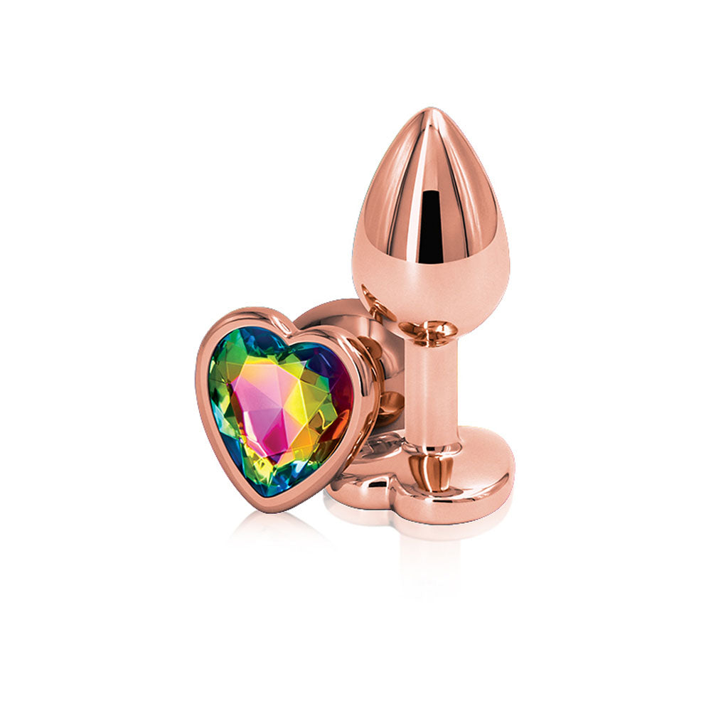 Rear Assets Rose Gold Heart Small Rainbow anal plug with heart-shaped design and rainbow accents.