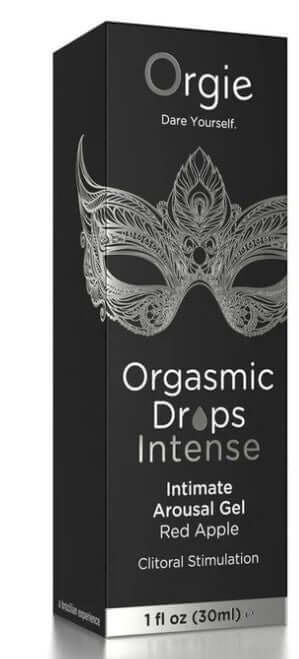 Orgie Orgasmic Drops Intimate Arousal Gel Red Apple 1 Oz packaging highlighting clitoral stimulation and red apple flavor.