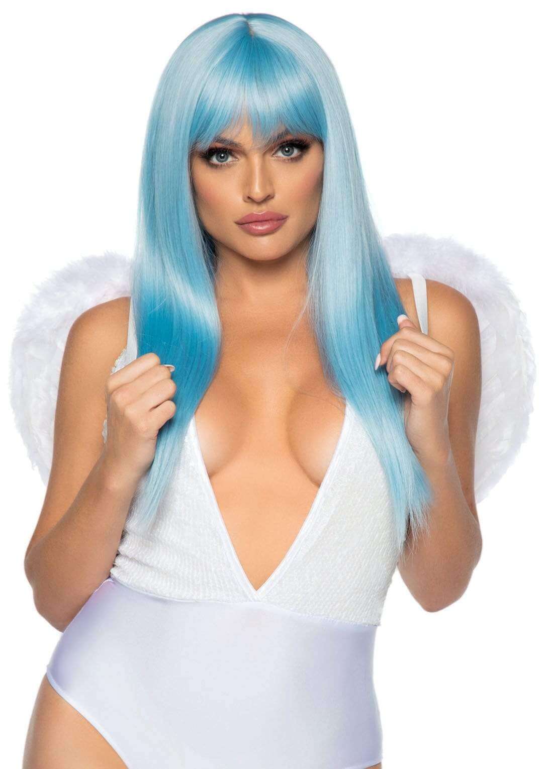 Model wearing Leg Avenue Marabou Trimmed Feather Wings White with blue hair, showcasing elegant angel costume style.