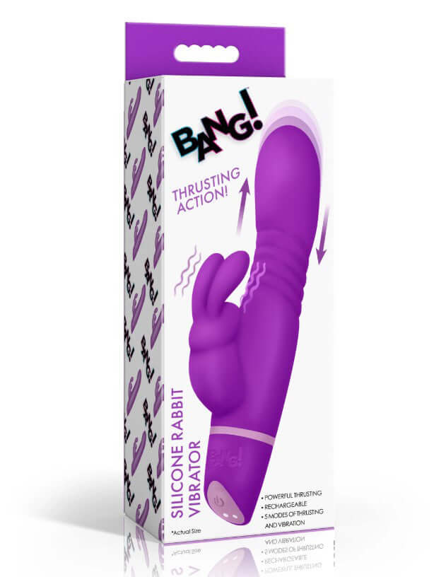 Bang Thrusting Silicone Rabbit Vibrator Purple packaging showcasing its design and features for dual stimulation.