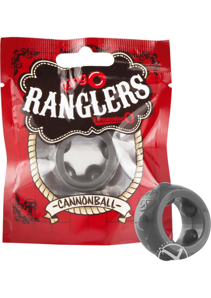 RingO Ranglers Cannonball Cock Ring Grey 10 Count packaging with a grey cock ring next to it.