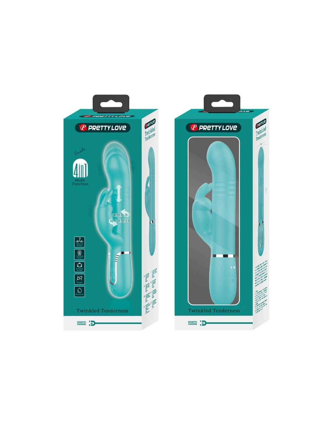 Coale Rabbit Vibrator Pearls - Turquoise in Pretty Love packaging showing dual motors and 7 vibration settings
