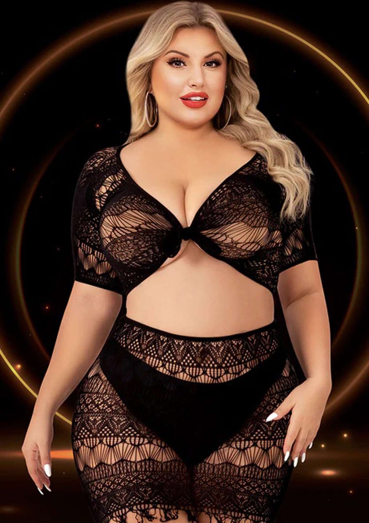 2 Piece Crop Top and Skirt Set Queen Size Black modeled by a confident woman in a black lace ensemble.