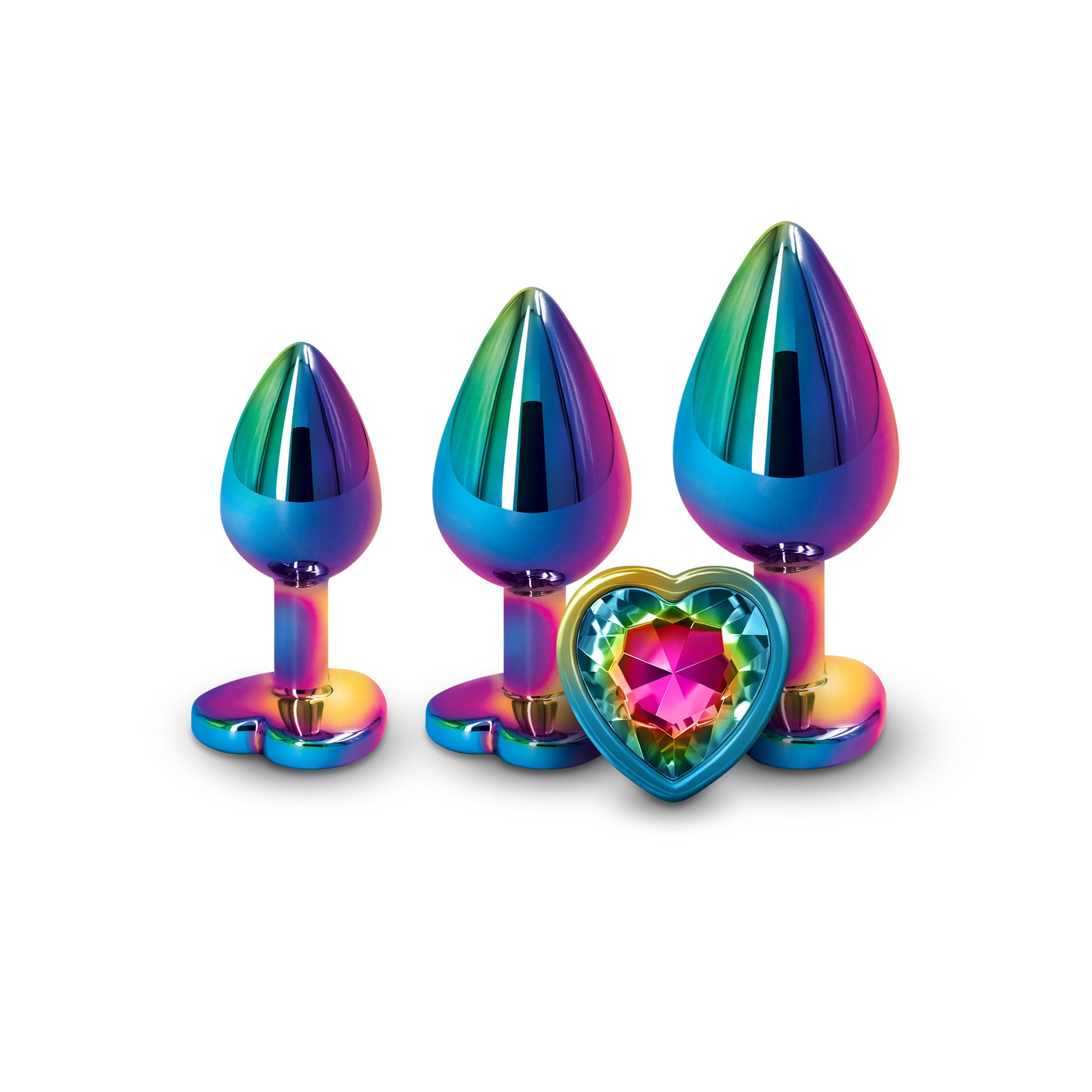 Rear Assets Anal Trainer Kit Rainbow Heart featuring three chrome-plated metal plugs with a rainbow heart gem.