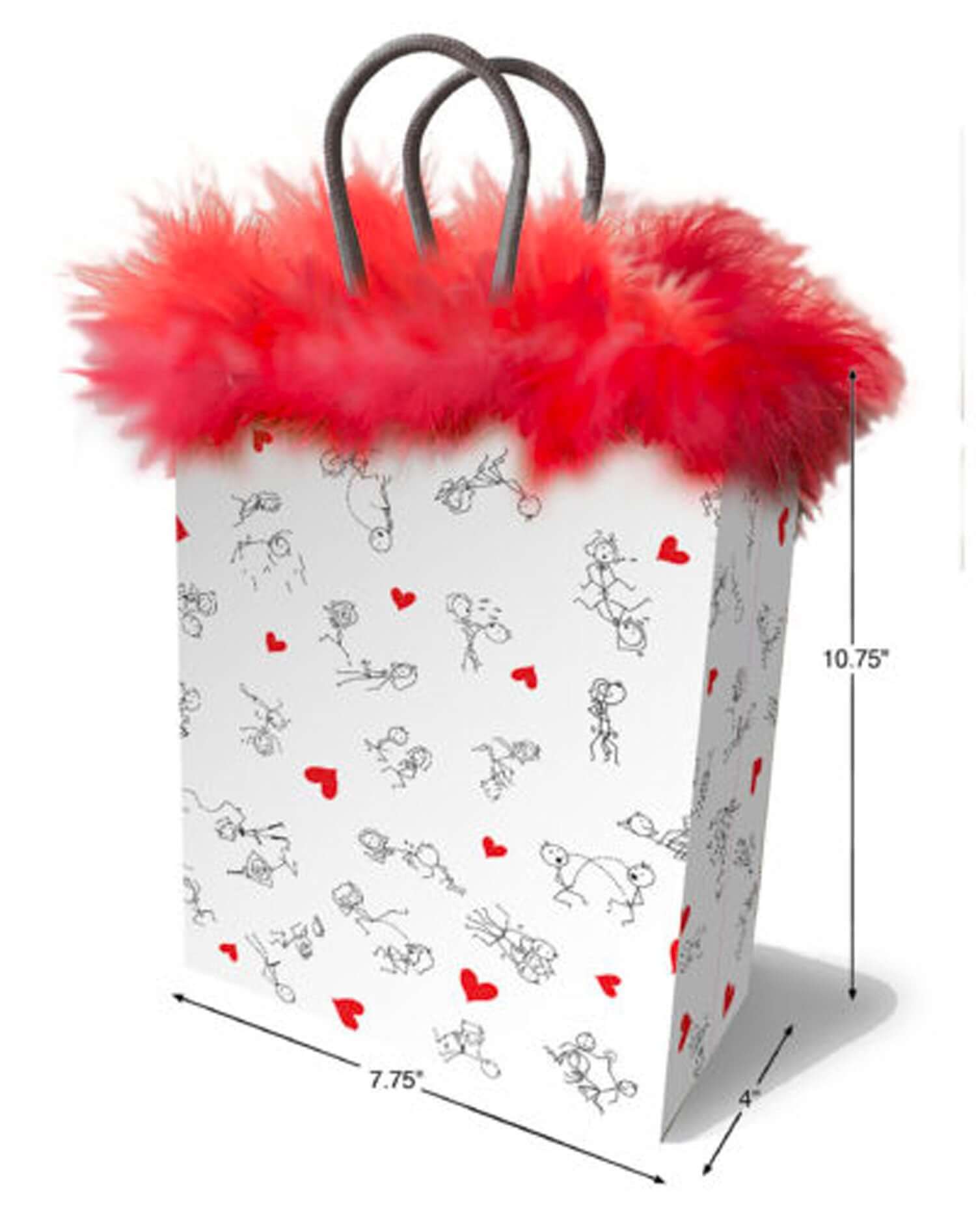 Red fluffy gift bag with naughty stick figures and hearts design, perfect for quirky and fun gifting, measures 10.75x7.75 inches.