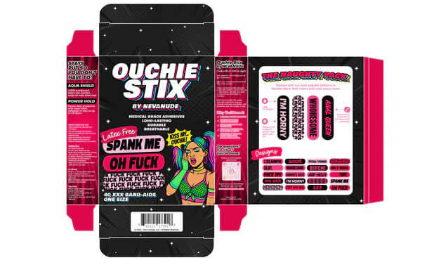 Naughty XXX Ouchie Stix Bandages 40 Pack packaging featuring playful and cheeky designs for fun first aid.