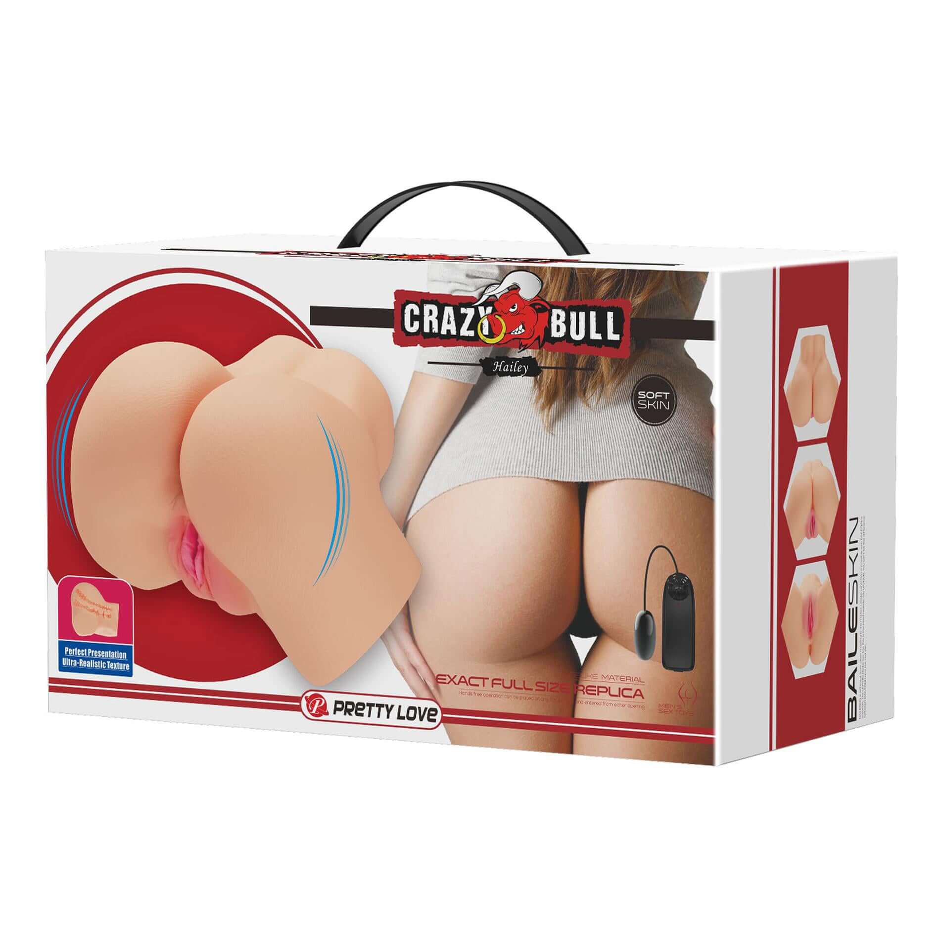 "Hailey Realistic Vagina and Ass Vibrator - Light in box packaging, showcasing dual entry design with included bullet vibrator"