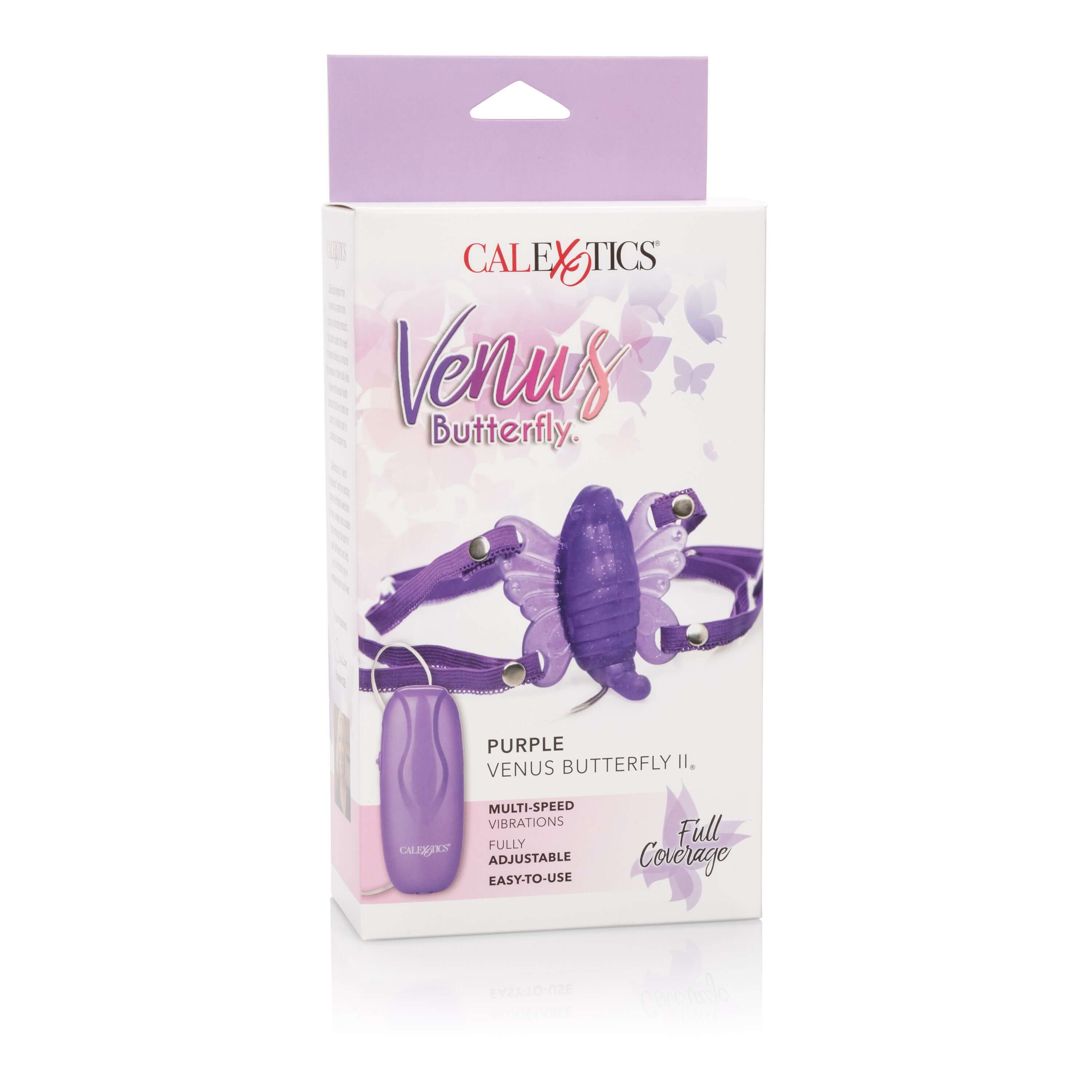 Venus Butterfly 2 Clitoral Massager Purple packaging showcasing its design and features for targeted clitoral pleasure.