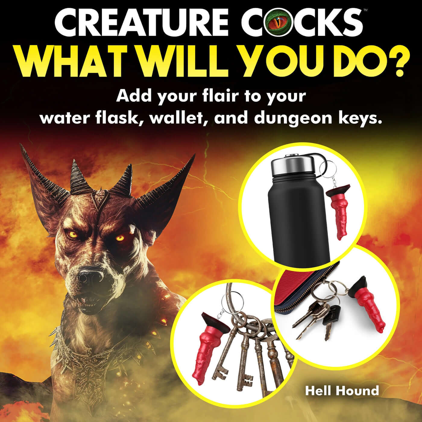 Hell Hound Keychain with keys and water flask - Creature Cocks Fantasy Roleplay Accessory