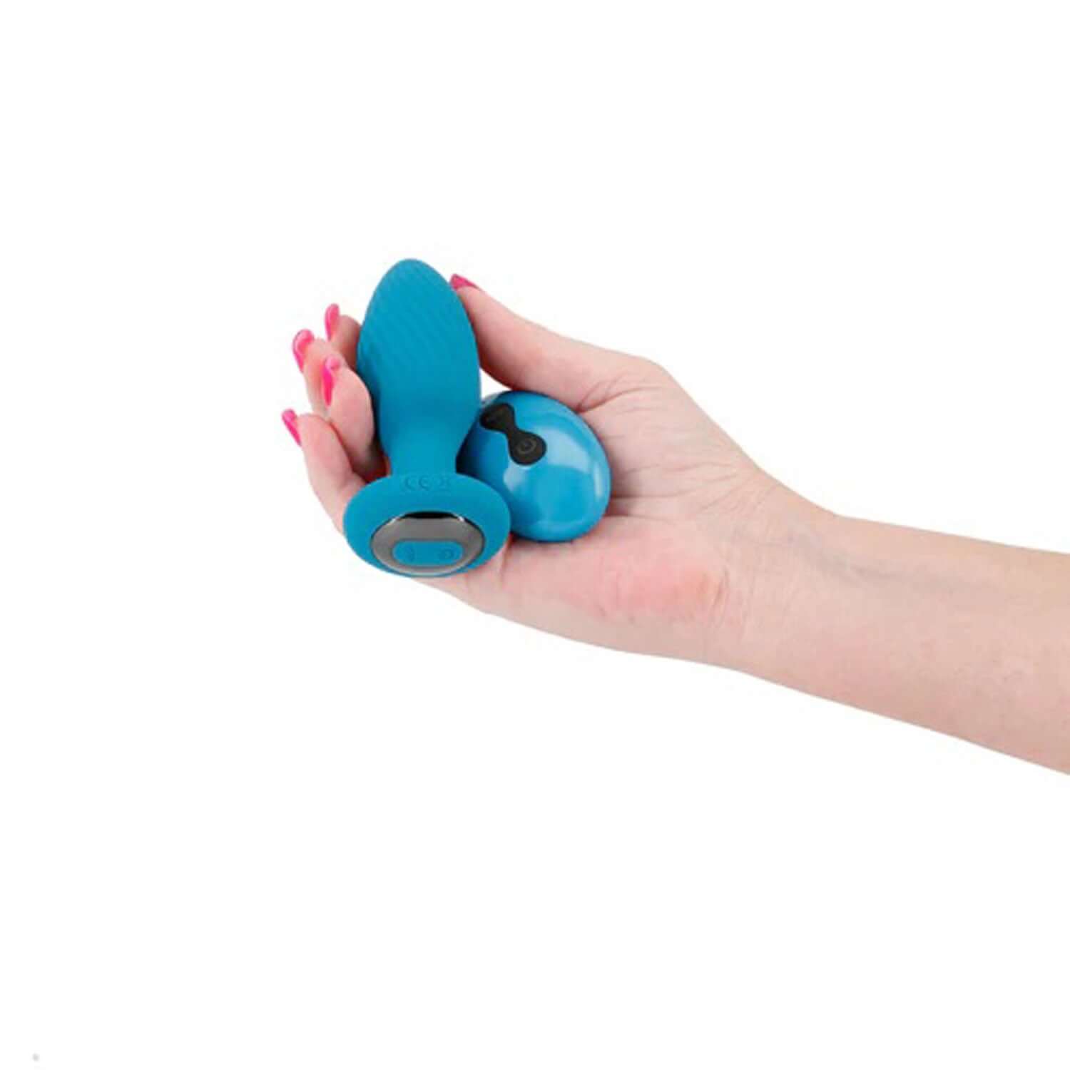 Hand holding Inya Alpine 2.0 Teal anal toy with remote control for advanced pleasure and sensation.