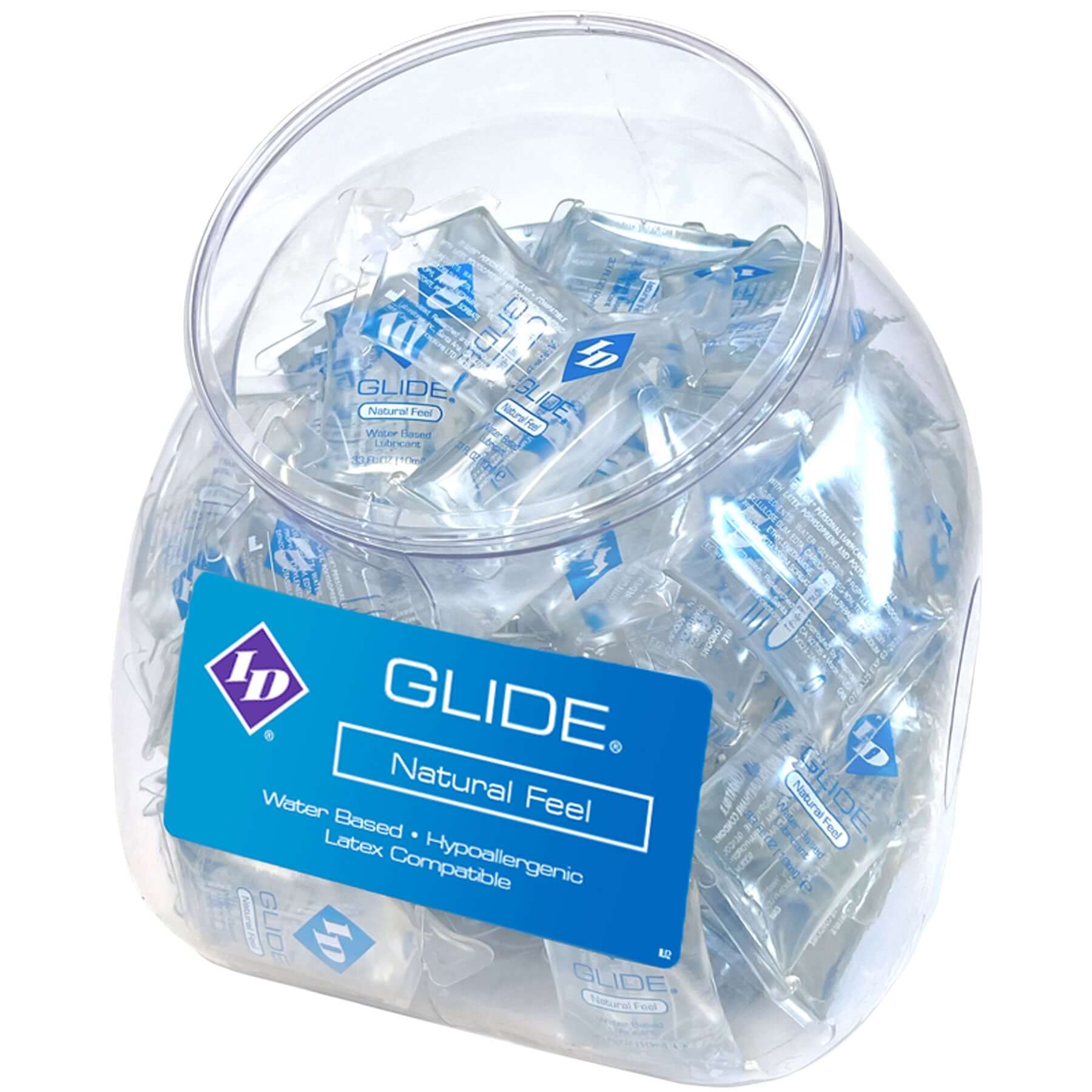 ID Glide Water-based Lubricant 10 ml Pillows 144 Count Jar in a clear container.