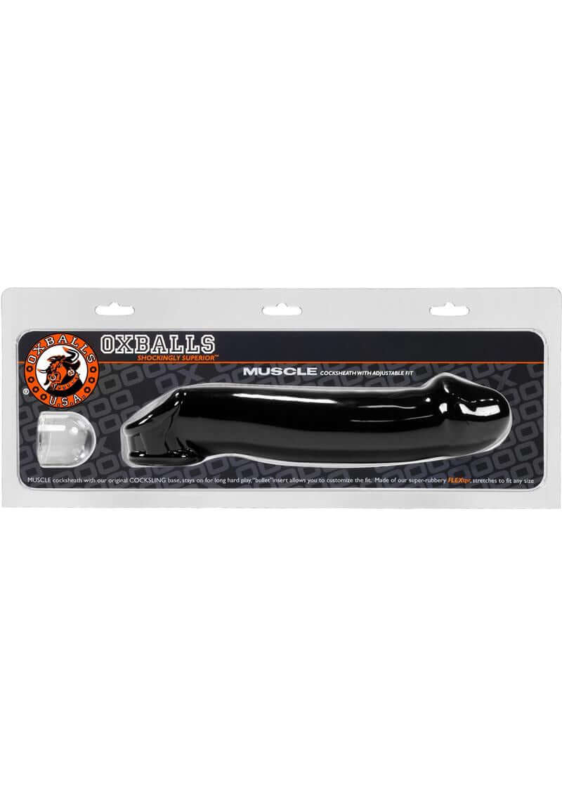 Oxballs Muscle Textured Cock Sheath Penis Extender Black in packaging showcasing design details.