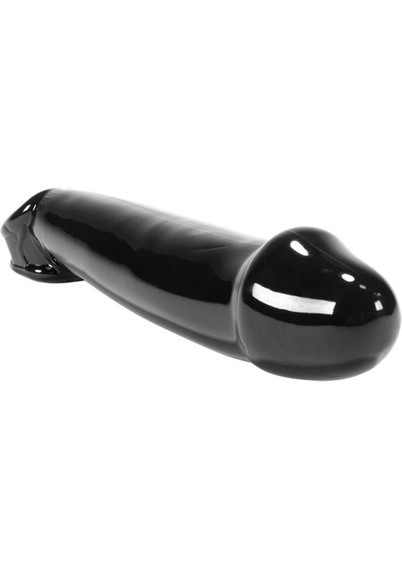 Oxballs Muscle Textured Cock Sheath Penis Extender Black displayed on a white background, highlighting its sleek design.