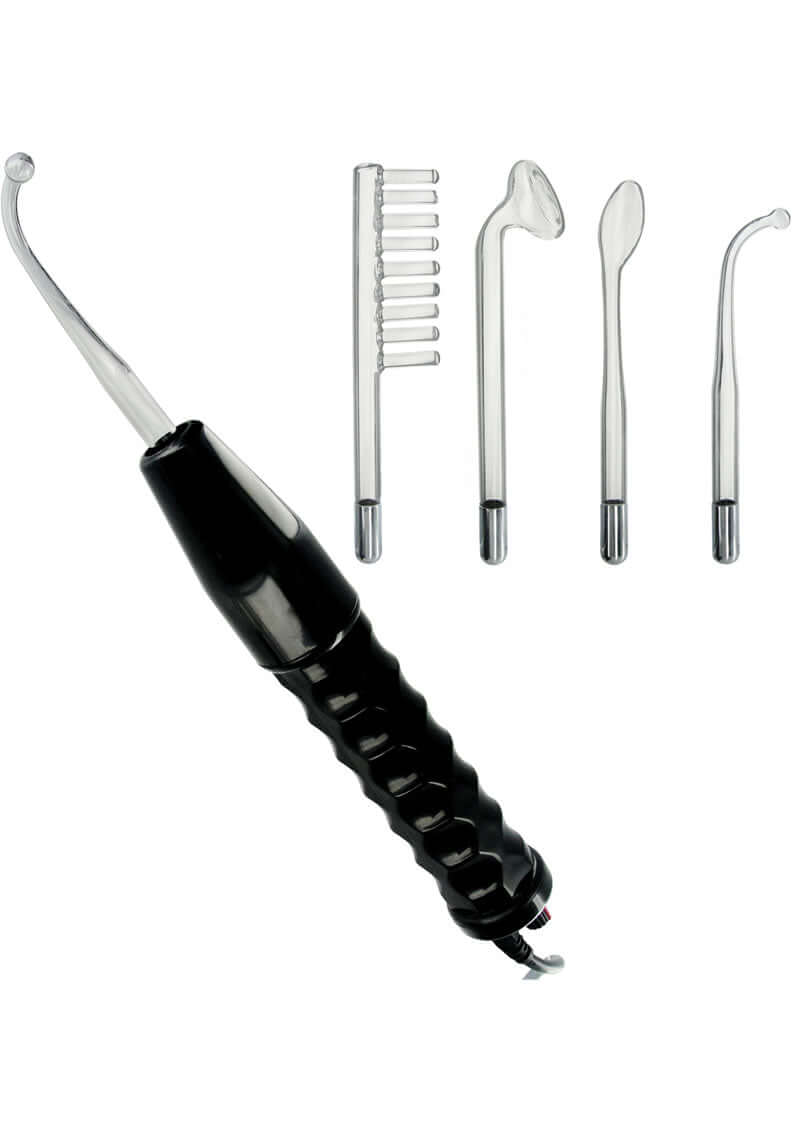 Zeus Electrosex Twilight Wand 110V Black with glass electrodes and attachments for electrostimulation.