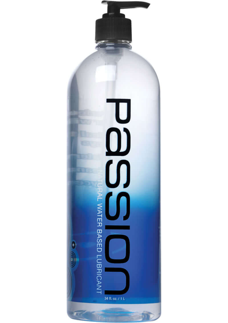 Passion Water Based Lubricant 34 Oz bottle with pump for smooth and long-lasting intimate use.