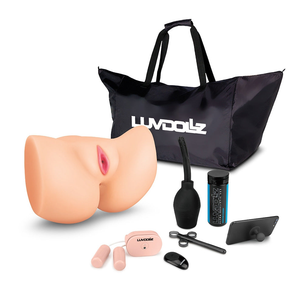 Luv Dollz Remote Spread Eagle Pussy & Ass Masturbator with storage bag and accessories.
