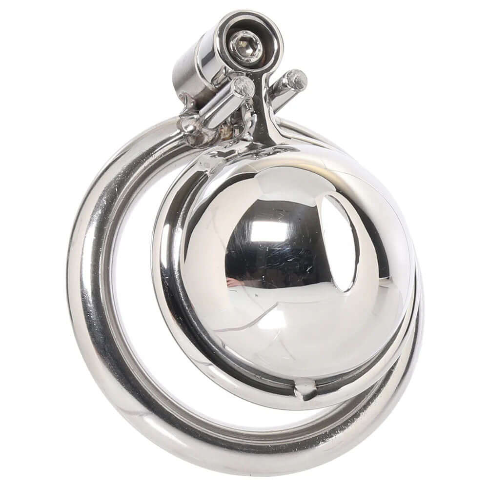 Lockmaster Stainless Steel Inverted Micro Chastity Cage featuring a sleek metallic design with secure locking mechanism.