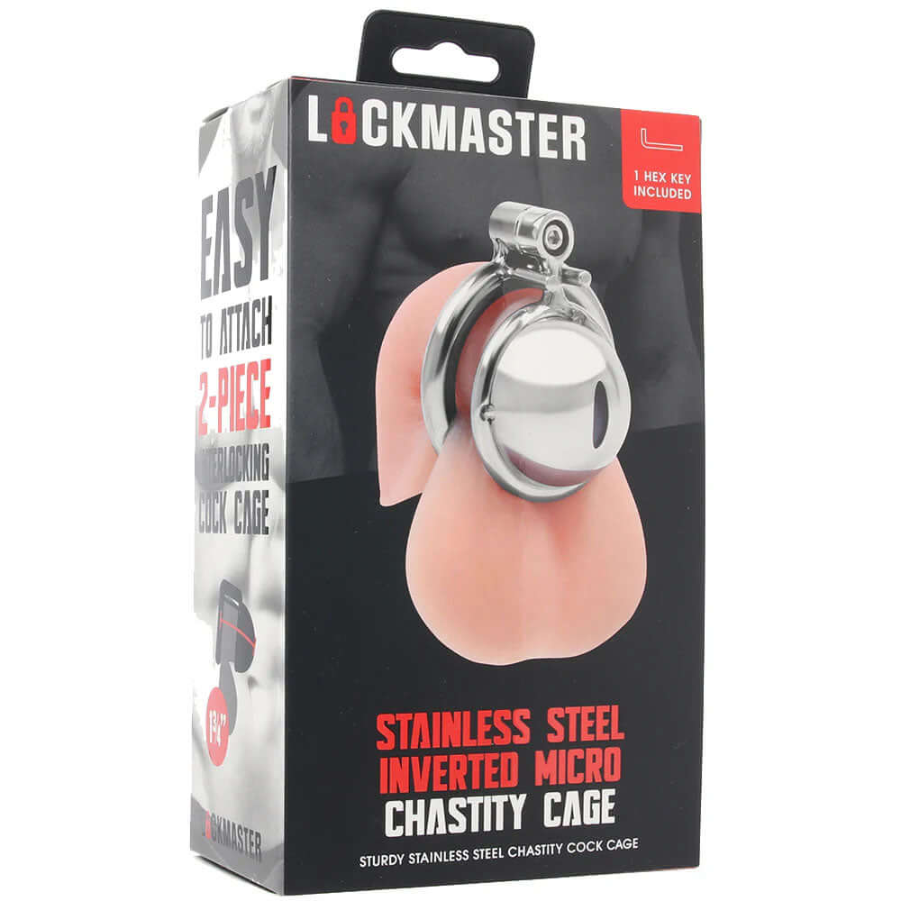 Lockmaster Stainless Steel Inverted Micro Chastity Cage packaging showing durable design and easy attachment features.