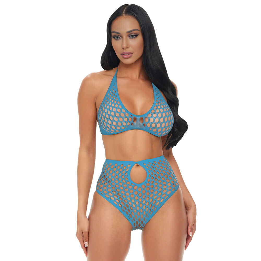Electric Lingerie Blue Dream Fishnet Set OS featuring blue fishnet halter top and high-waisted panties.