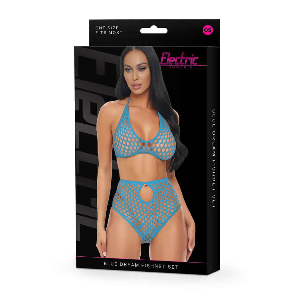 Electric Lingerie Blue Dream Fishnet Set OS packaging featuring a model in a blue fishnet top and high-waisted panties.