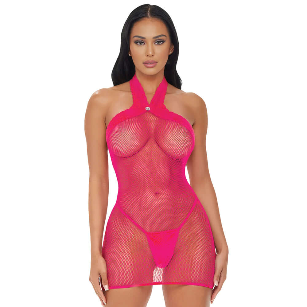 Electric Lingerie Electric Pink Halter Dress OS on a model showcasing a body-hugging silhouette and vibrant color.