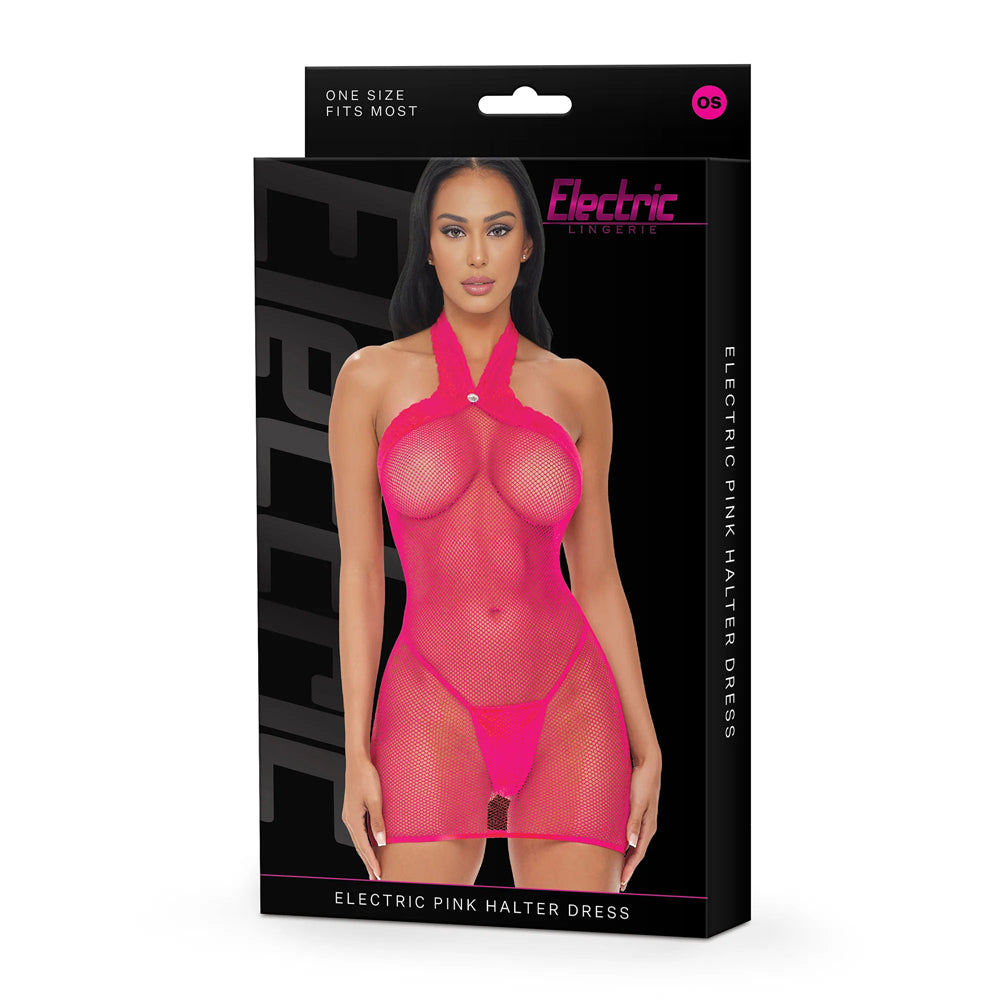 Electric Lingerie Electric Pink Halter Dress OS displayed on a package, showcasing its vibrant design and body-hugging silhouette.
