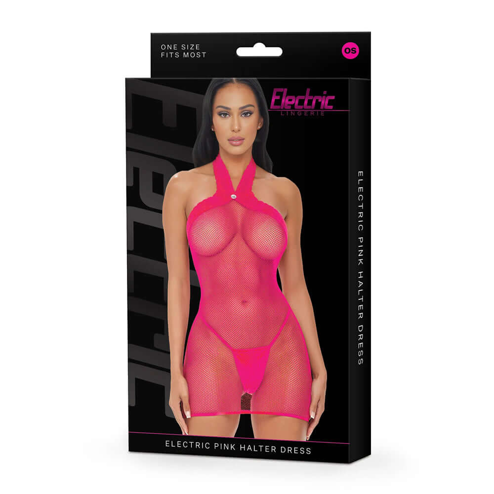 Electric Lingerie Electric Pink Halter Dress OS displayed on a package, showcasing its vibrant design and body-hugging silhouette.