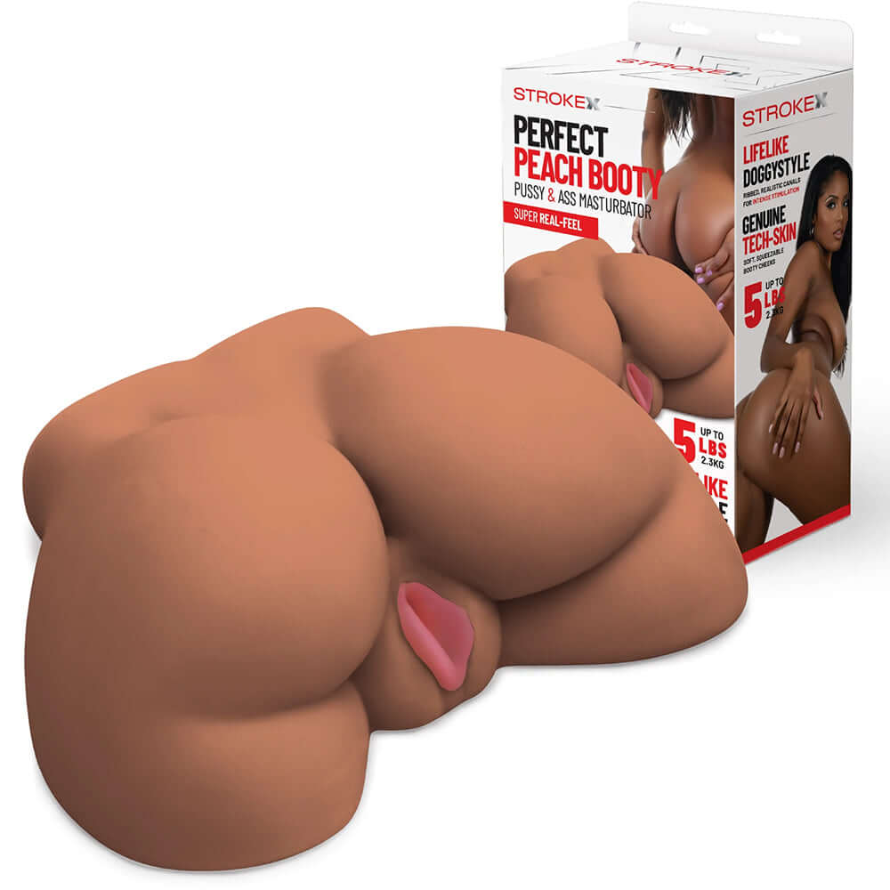 Stroke-x Perfect Peach Booty Masturbator Brown, a lifelike sex toy with dual openings for enhanced solo play.