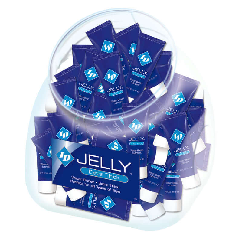 ID Jelly Extra Thick Lubricant 12 ml Tube Jar 72 Count in clear jar, featuring purple packaging and extra thick water-based formula.