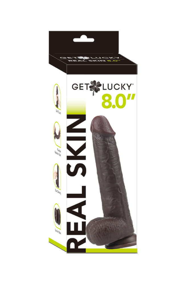Get Lucky 8 Inch Dual Layer Dong Dark Brown packaging showcasing its realistic design and lifelike appearance.