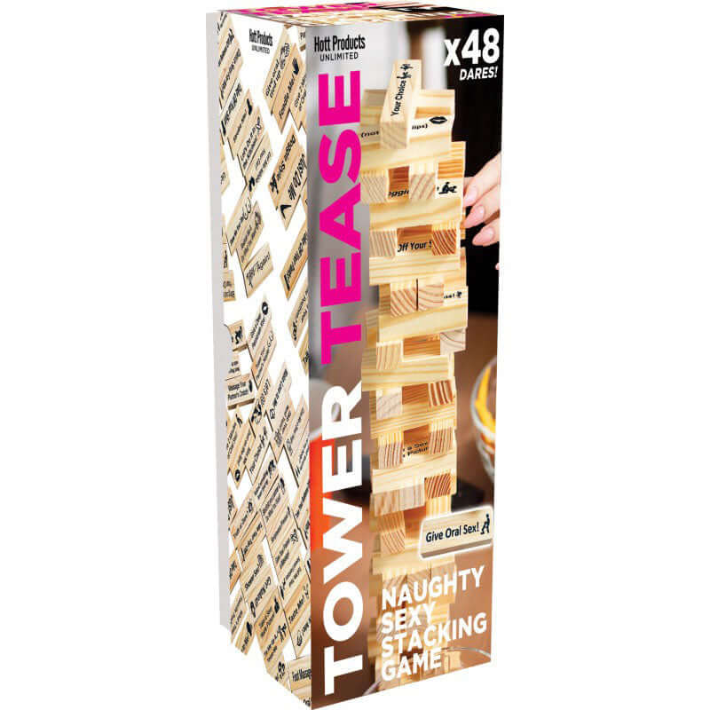Tower Tease Naughty Sexy Stacking Game box with 48 daring challenges for adults.