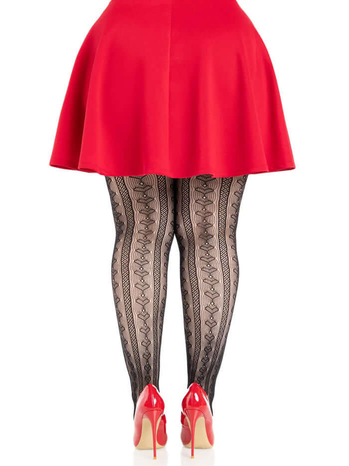 Leg Avenue Plus Size Sweetheart Striped Tights Black Red worn under a short red skirt with high heels.