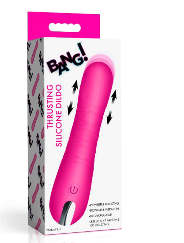 Bang Thrusting Silicone Dildo Pink packaging showcasing its features and design, emphasizing powerful thrusting and vibration.