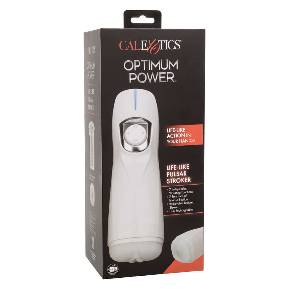 Optimum Power Lifelike Pulsar Stroker White packaging showcasing innovative design and features for advanced stimulation.