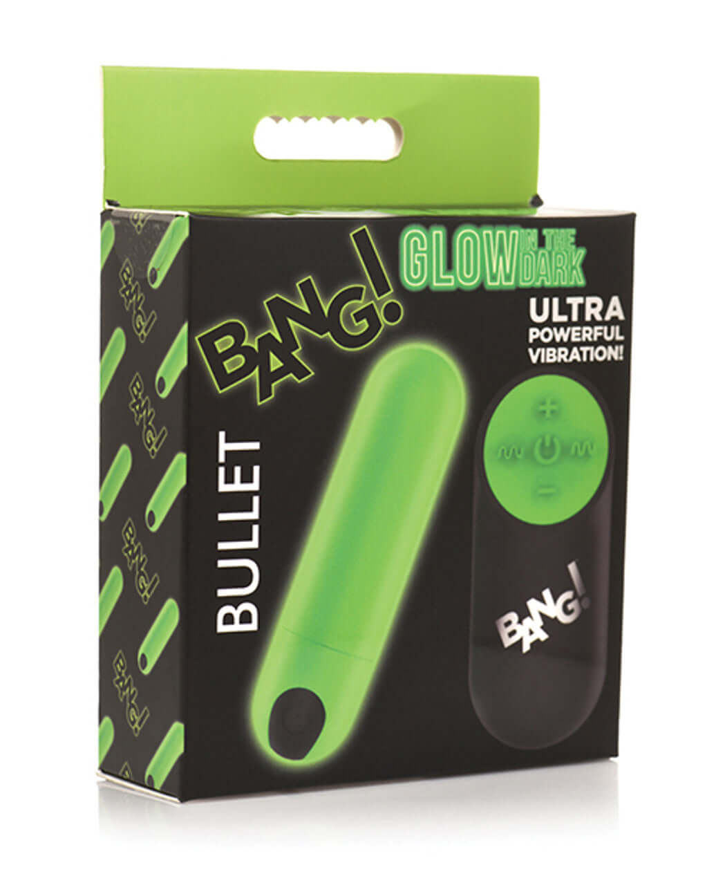 Green glow in the dark bullet with remote in packaging featuring 28 vibration patterns, silky feel, rechargeable, phthalate-free, waterproof.