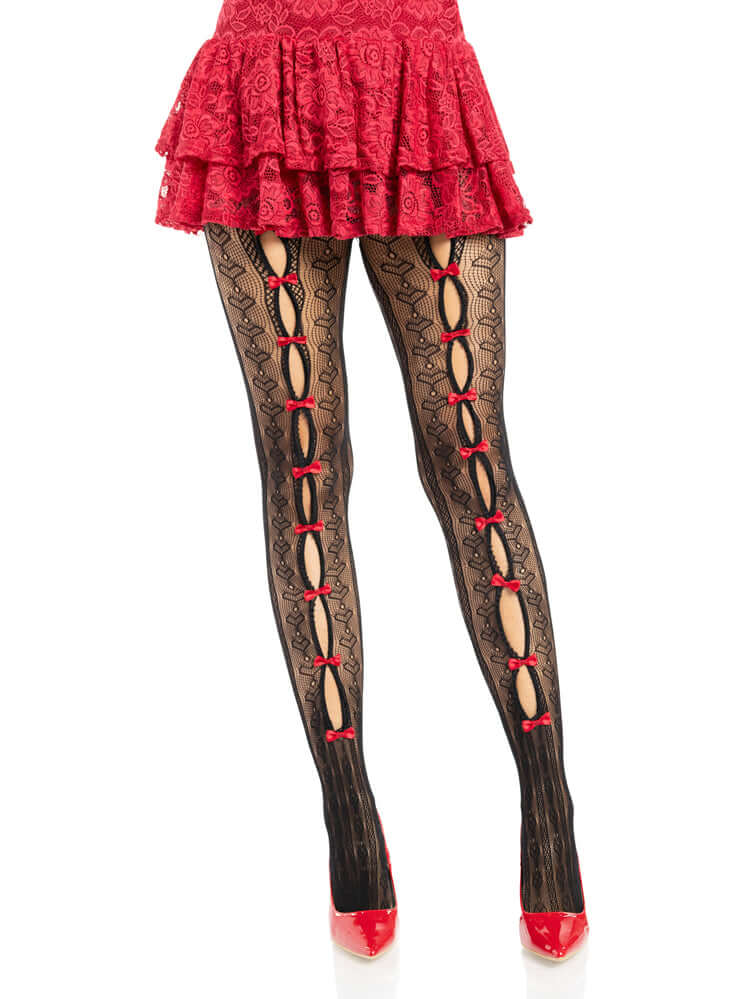 Leg Avenue Sweetheart Striped Tights OS Black Red worn with a red skirt and high heels, showcasing a bold stylish look.