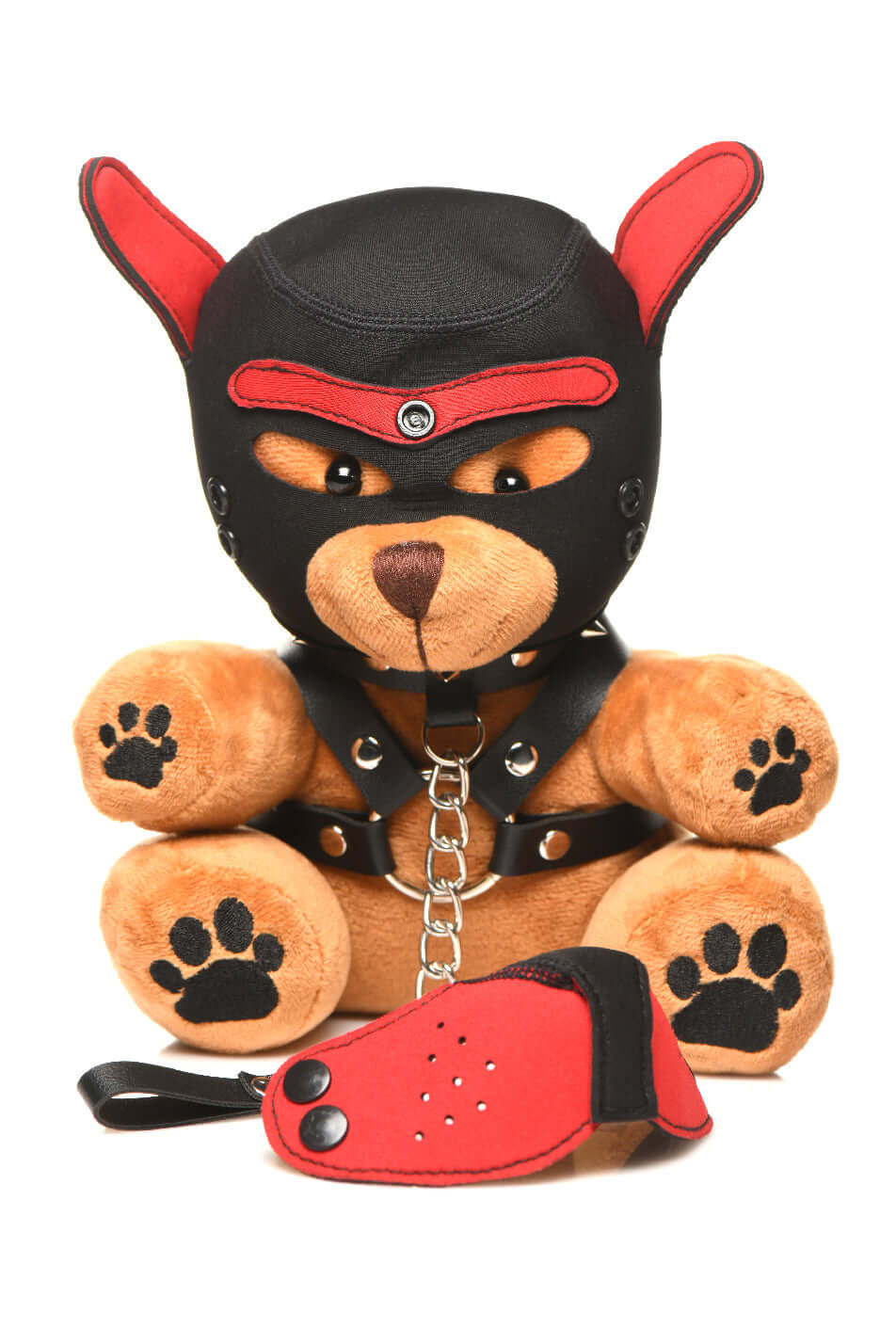 Bondage Pup Bear with light peach fur, black puppy mask, and faux leather harness featuring metal O-rings, perfect for cuddling or gifting.