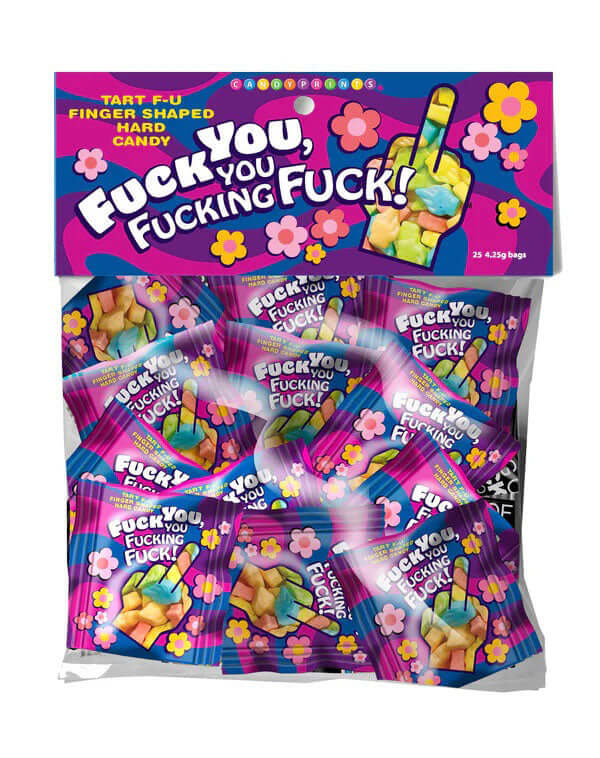 Fuck You You Fucking Fuck Candy Bag of 25 filled with colorful finger-shaped hard candy mini-packs.