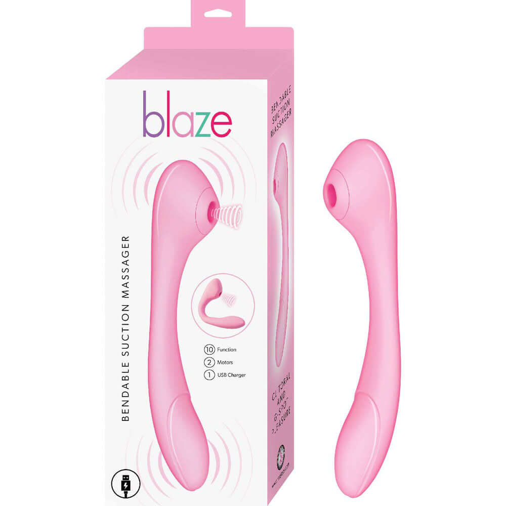 Pink Blaze Bendable Suction Massager packaging and device with USB-rechargeable feature for flexible and powerful intimate pleasure.