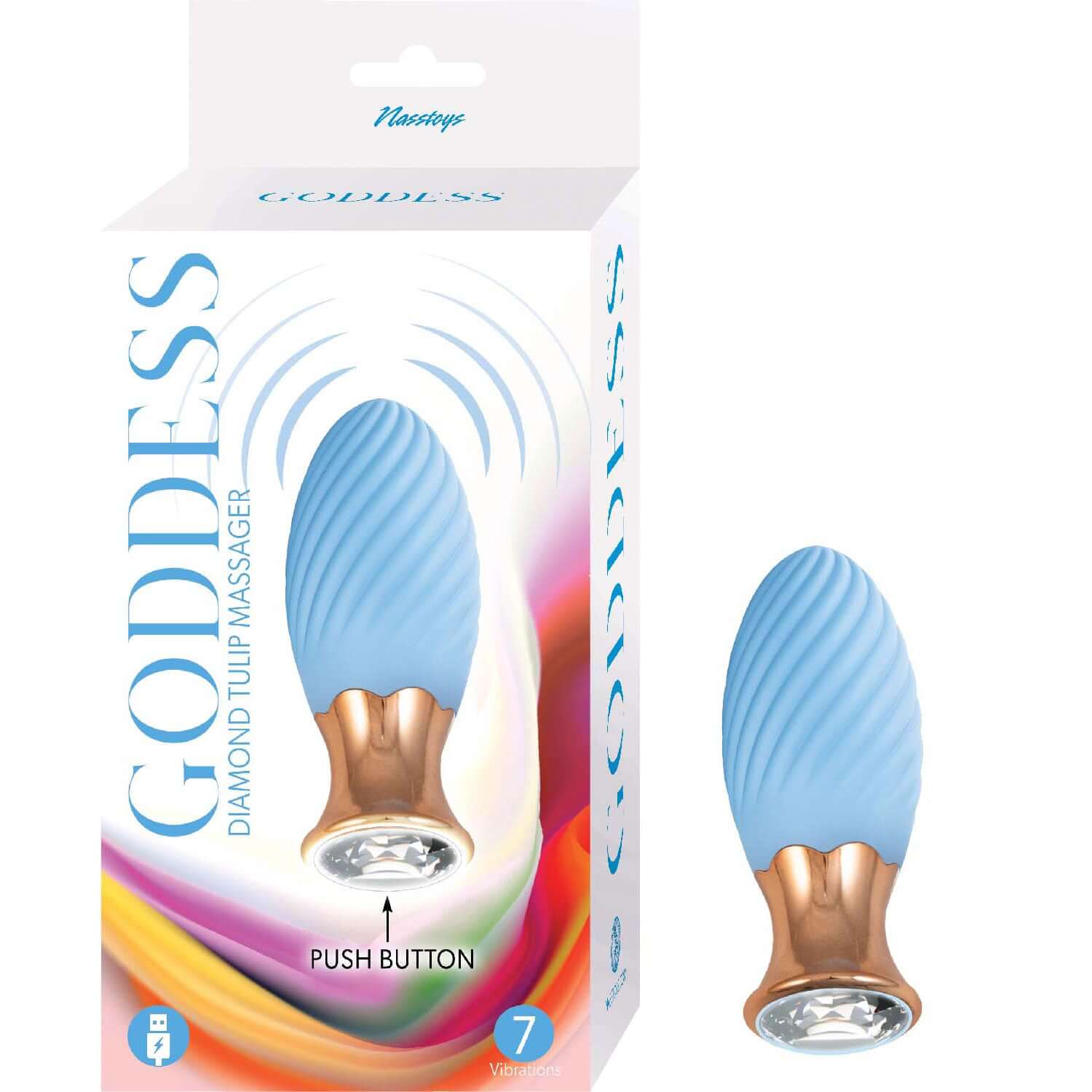 Goddess Diamond Tulip Massager - Blue, 7 vibrating functions, soft swirl texture, and comfortable finger fin design